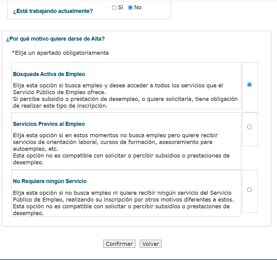 Formulario de alta del INAEM con la opción Búsqueda Activa de Empleo marcada
