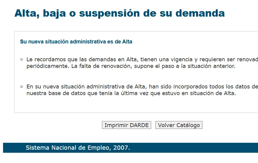 Mensaje del INAEM: su nueva situación administrativa es de alta, con el botón Imprimir DARDE