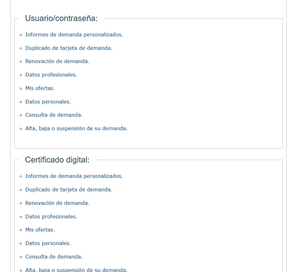 Catálogo de servicios del INAEM con los bloques de usuario y contraseña y de certificado digital