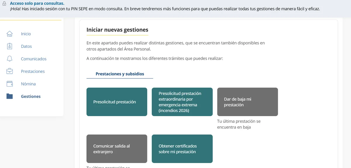 Área Personal del SEPE en modo consulta con el apartado Gestiones y el botón Presolicitud prestación