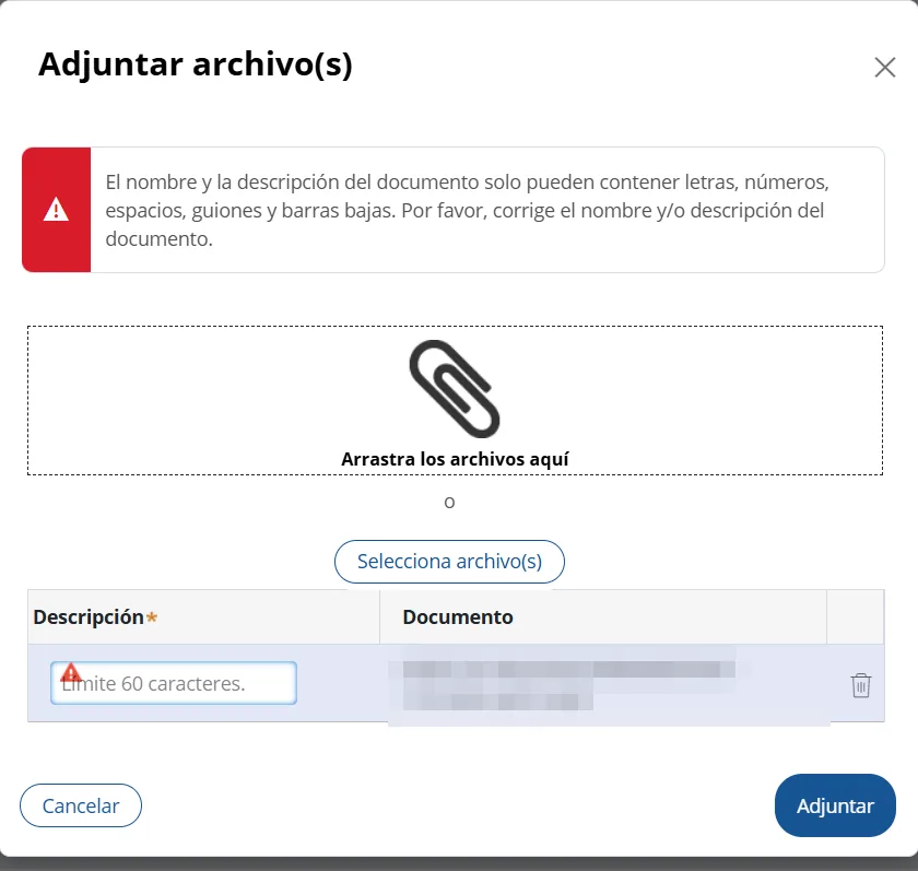 Error del SEPE al adjuntar un archivo: el nombre solo puede contener letras, números, espacios, guiones y barras bajas
