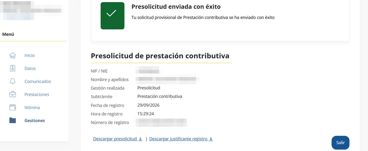 Pantalla del SEPE: presolicitud enviada con éxito, con fecha y hora de registro