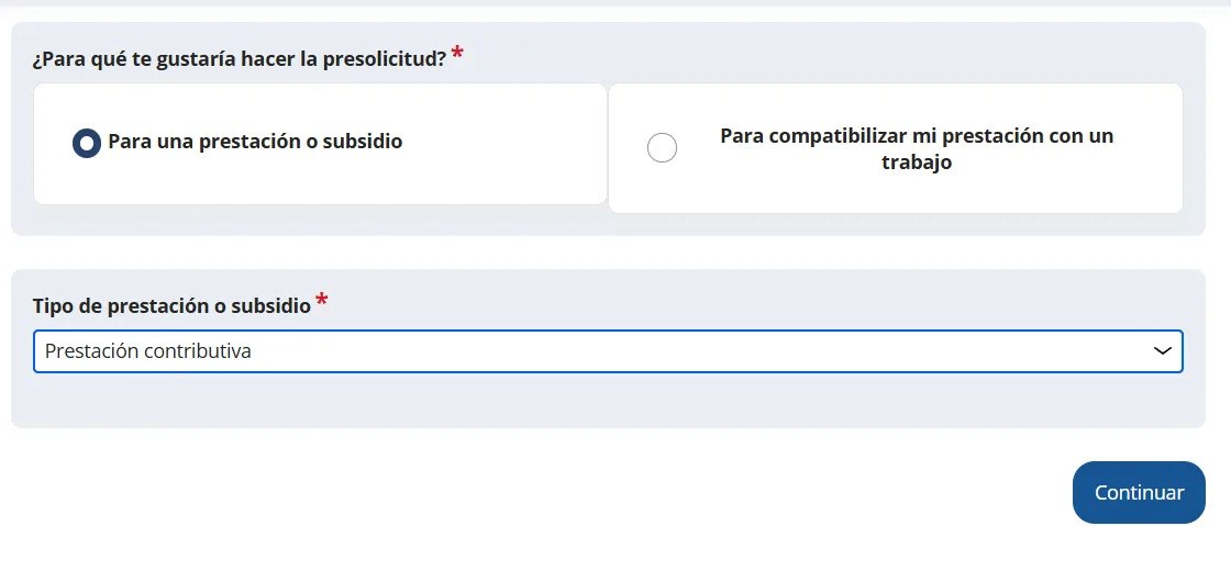 Formulario de presolicitud del SEPE con Para una prestación o subsidio y Prestación contributiva seleccionados